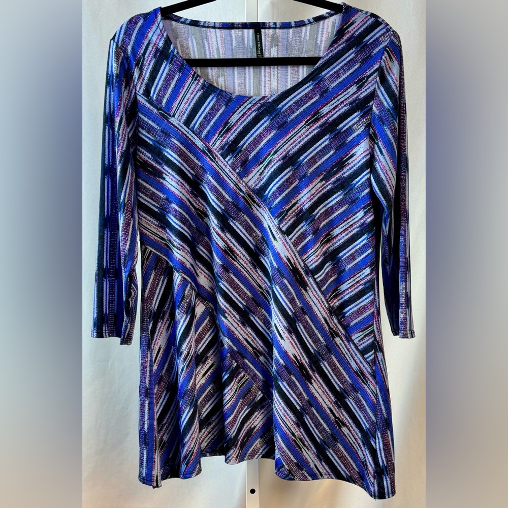 Bleeker & McDougal 3/4 Sleeve Stretch Asymmetrical Tunic Top Blue/Purple size M